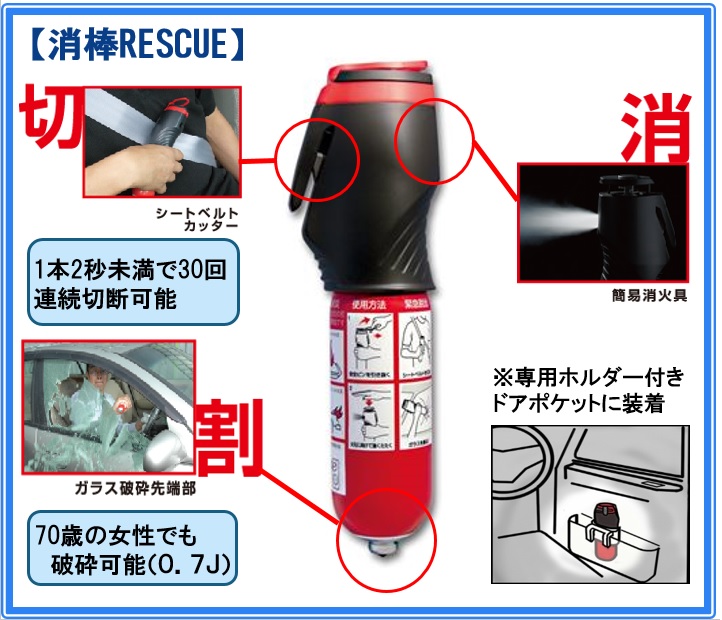 ドラぷらショッピング / CO2消火器付き自動車用脱出用具『消棒RESCUE』 JIS認証品